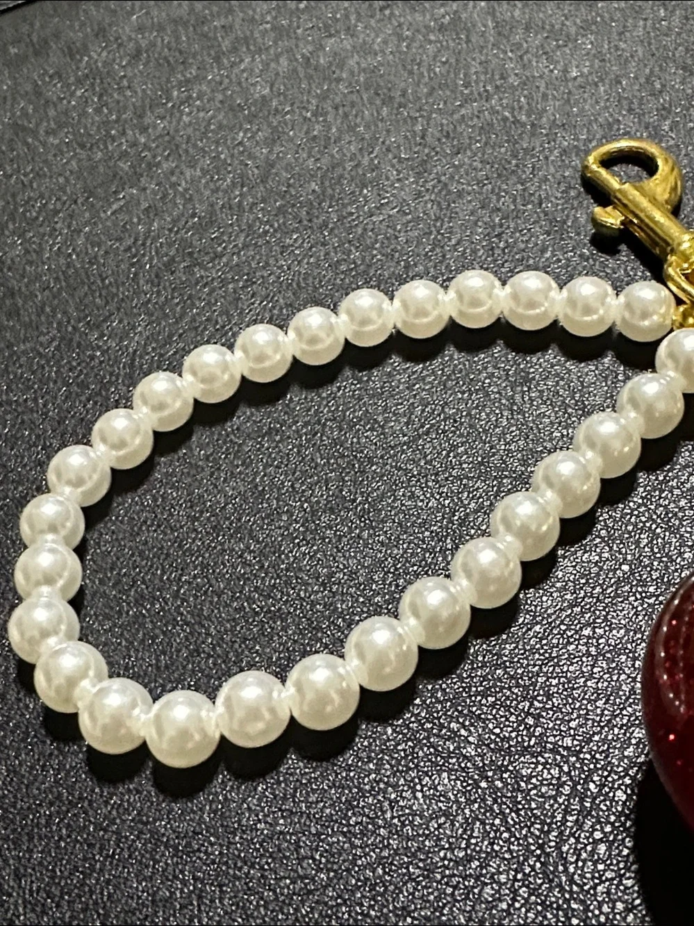 223.  Cherry Gold Tone Key Chain / Bag Charm With Faux Pearl Wrist Strap
